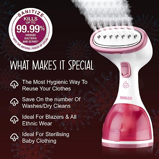 INALSA Handheld Garment Steamer Steamax | 1200-Watt Fast Heat Up | Upto 22 g/min Powerful steam|260ml Capacity | Vertical & Horizontal Steaming| Auto shut off protection| Kills 99.9%* Bacteria INALSA Handheld Garment Steamer Steamax | 1200-Watt Fast Heat Up | Upto 22 g/min Powerful steam|260ml Capacity | Vertical & Horizontal Steaming| Auto shut off protection| Kills 99.9%* Bacteria